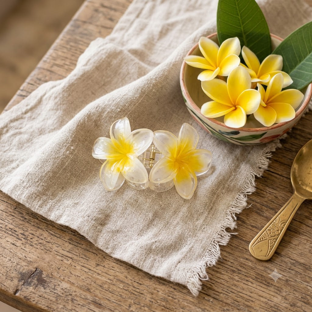 Plumeria Flower Hair Claw Clip for Women (Yellow & White) Set Of 2
