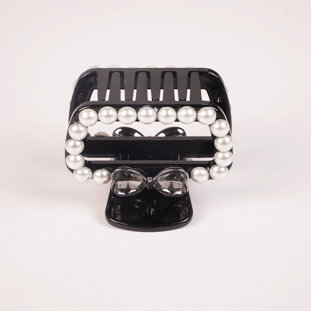 Pearl & Crystal Bow Hair Claw Clip for Women | Elegant Black Hair Accessory