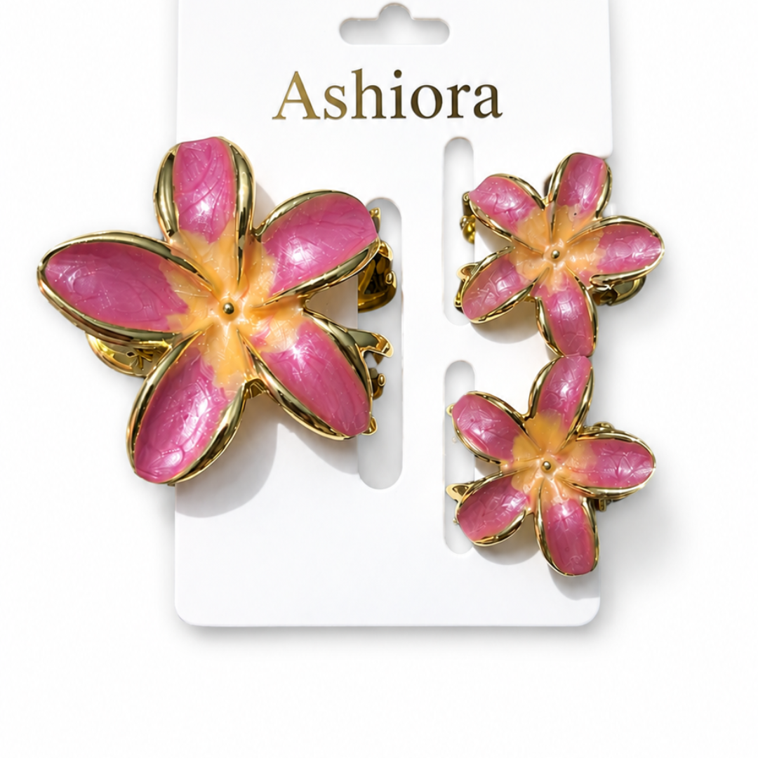 Pink Enamel Flower Hair Clips – Elegant Gold Floral Hair Accessories Random Color (one piece )
