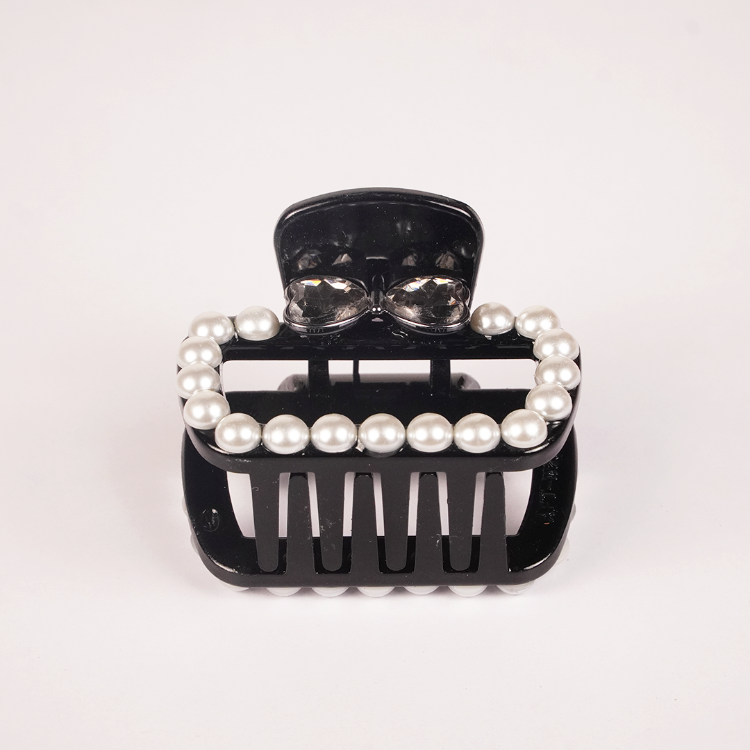 Pearl & Crystal Bow Hair Claw Clip for Women | Elegant Black Hair Accessory