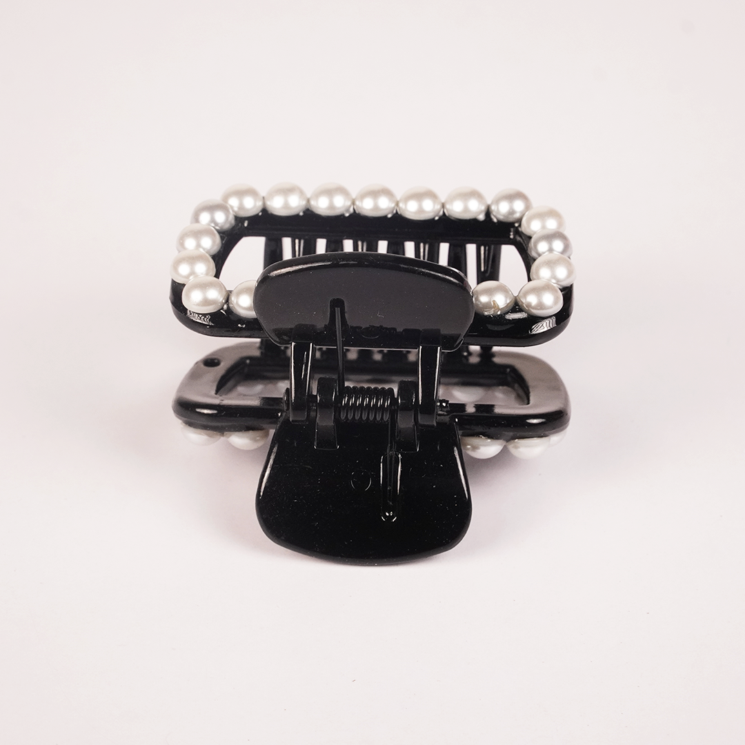 Pearl & Crystal Bow Hair Claw Clip for Women | Elegant Black Hair Accessory