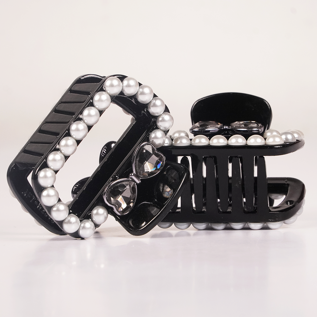 Pearl & Crystal Bow Hair Claw Clip for Women | Elegant Black Hair Accessory
