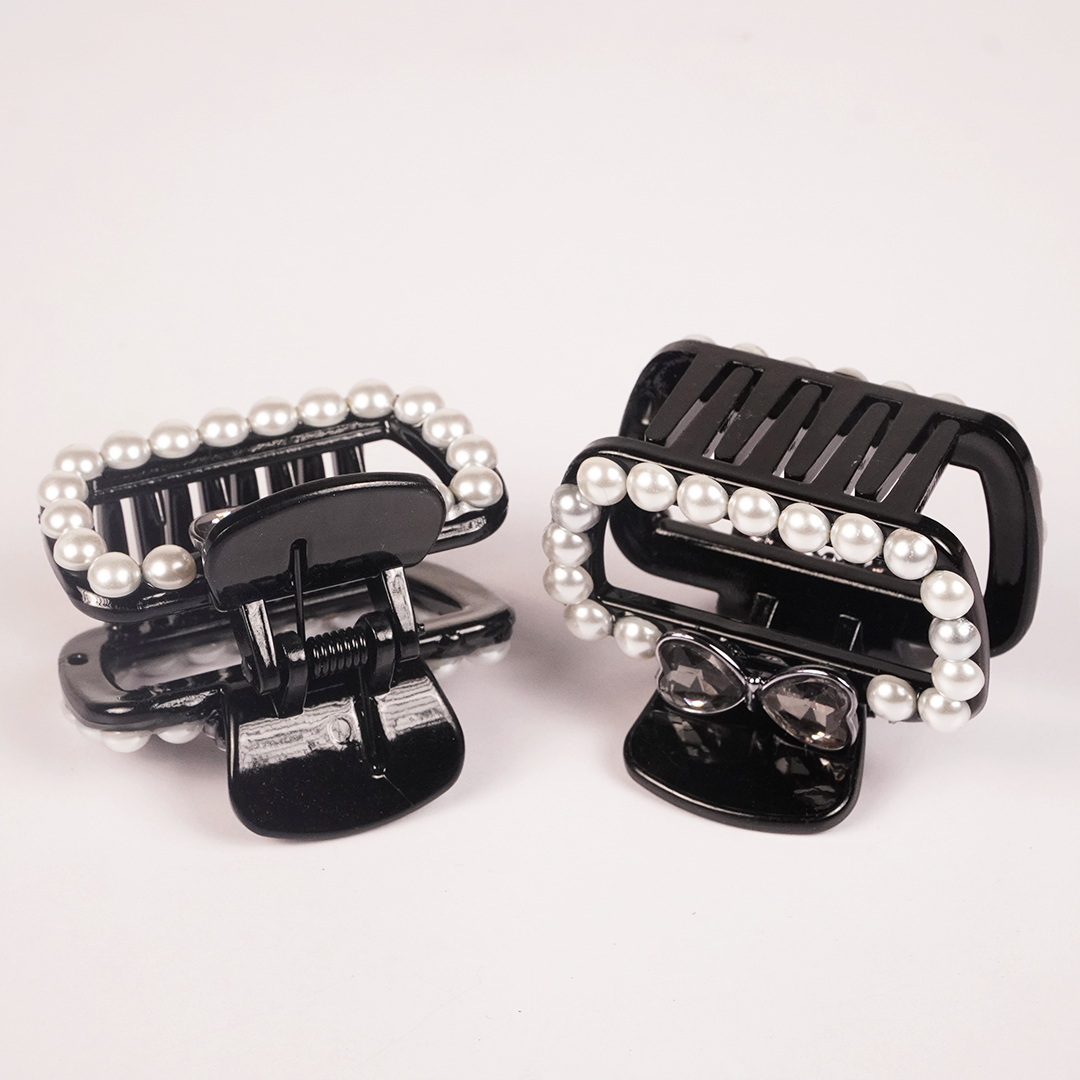 Pearl & Crystal Bow Hair Claw Clip for Women | Elegant Black Hair Accessory