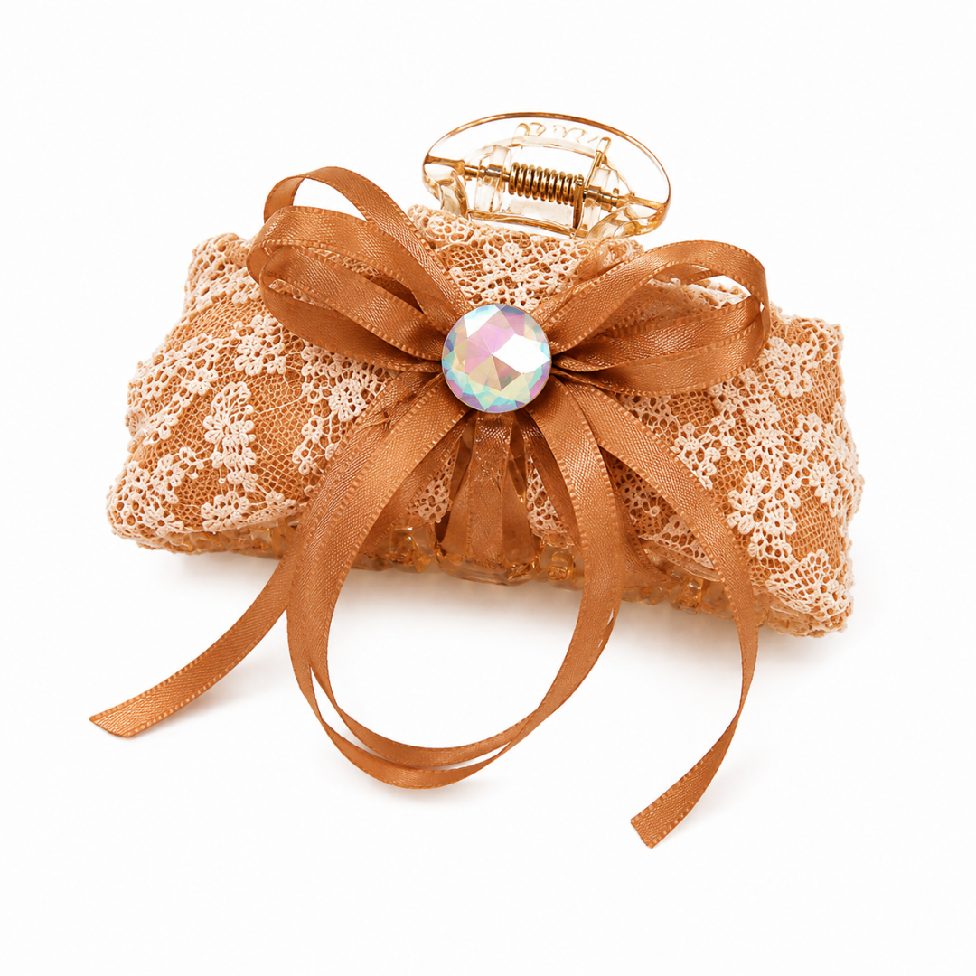 Champagne Lace Bow Hair Claw Clip – Elegant Ribbon Hair Accessory Random Color