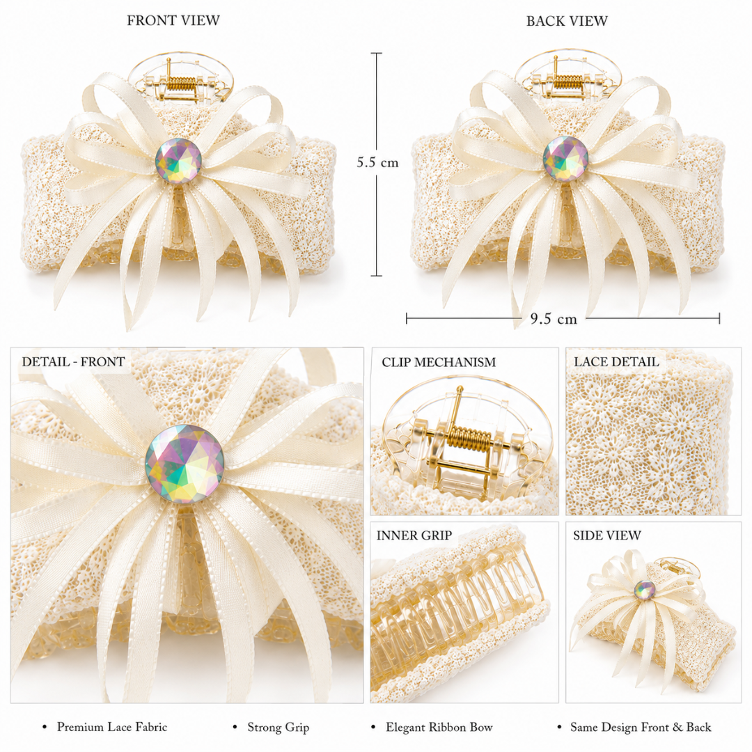 White Lace Bow Hair Claw Clip – Elegant Floral Lace Hair Accessory Random Color