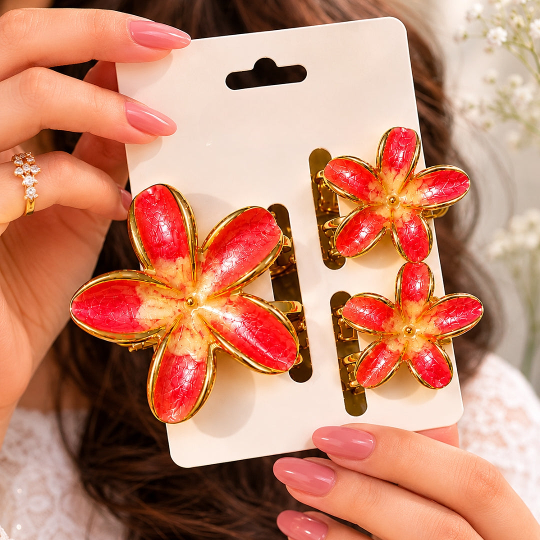 Red Flower Hair Clips Set – Elegant Gold-Tone Floral Enamel Hair (one piece )