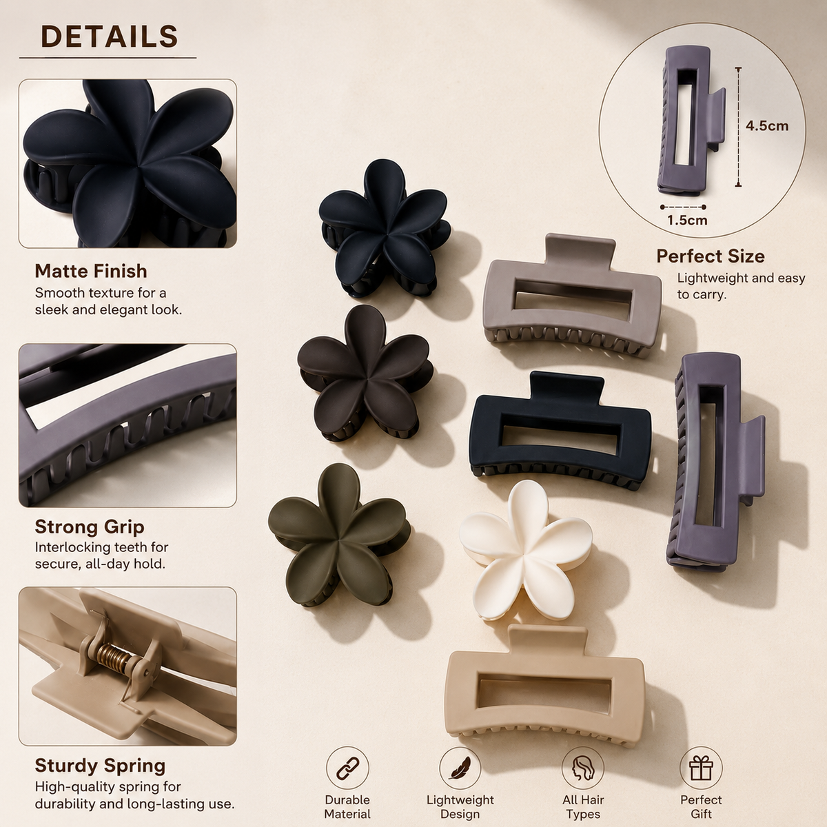 Matte Floral & Minimalist Hair Claw Clips – Strong Grip Decorative Hair Random Color (one piece )
