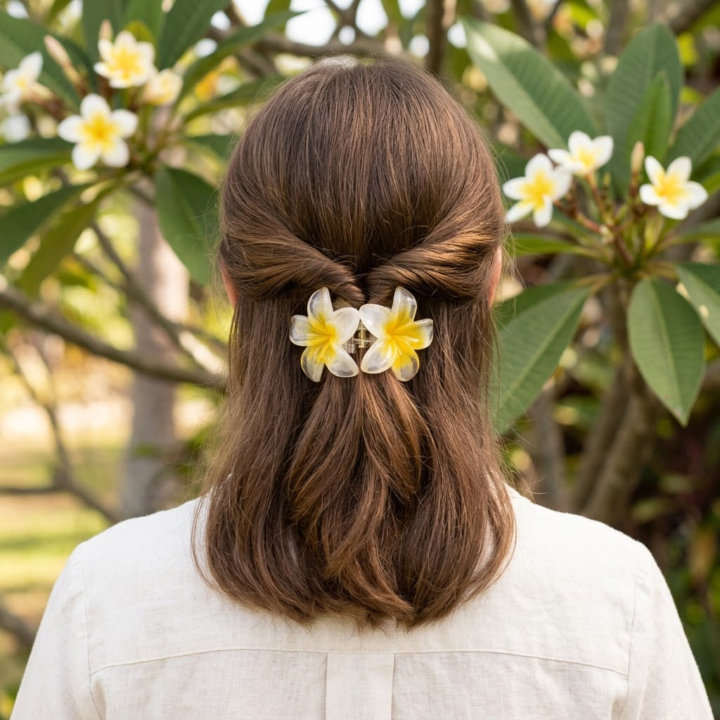 Plumeria Flower Hair Claw Clip for Women (Yellow & White) Set Of 2