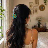 Turquoise Flower Hair Clips Set – Elegant Gold-Tone Floral Enamel Hair Random Color (one Piece )