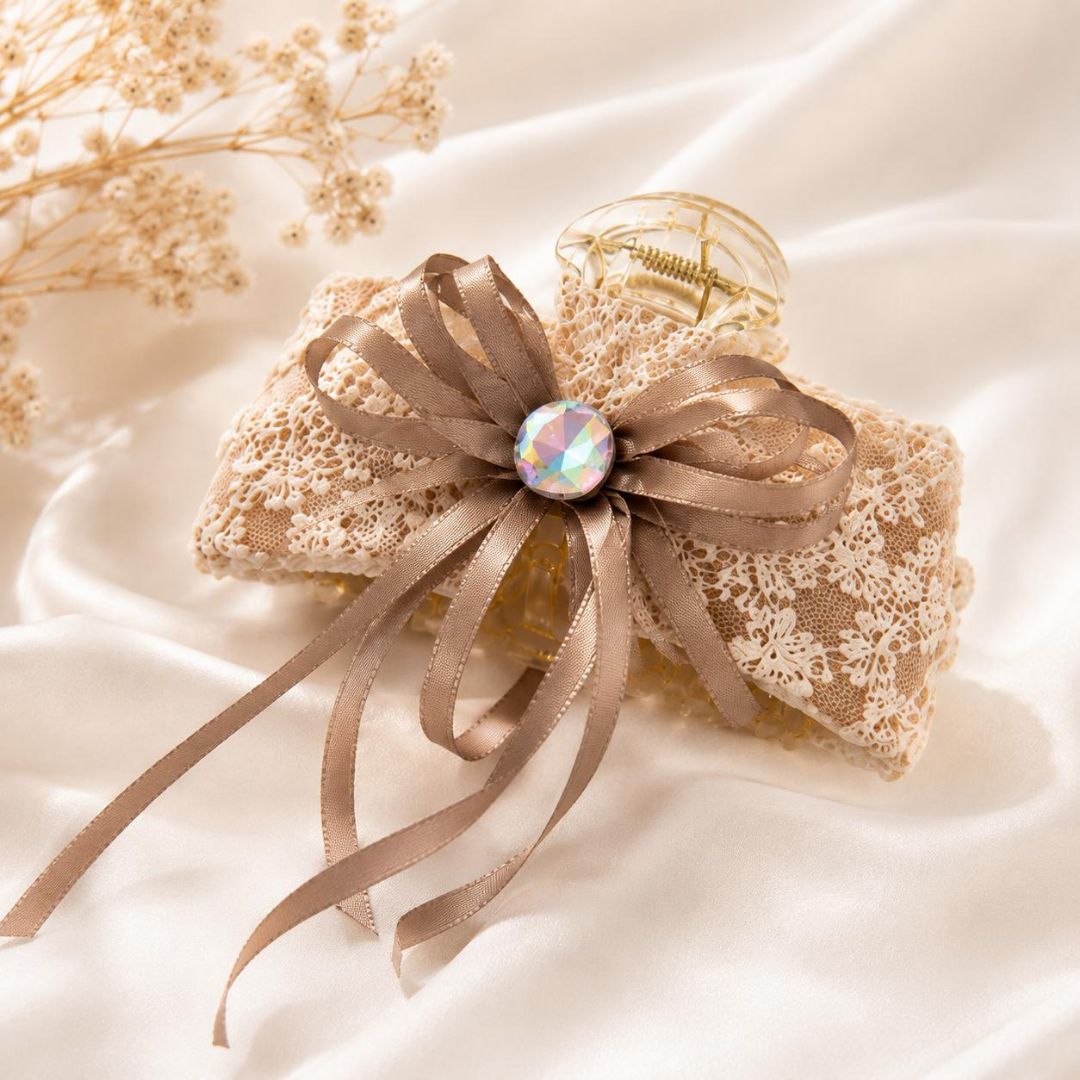 Champagne Lace Bow Hair Claw Clip – Elegant Ribbon Hair Accessory Random Color (one Piece )