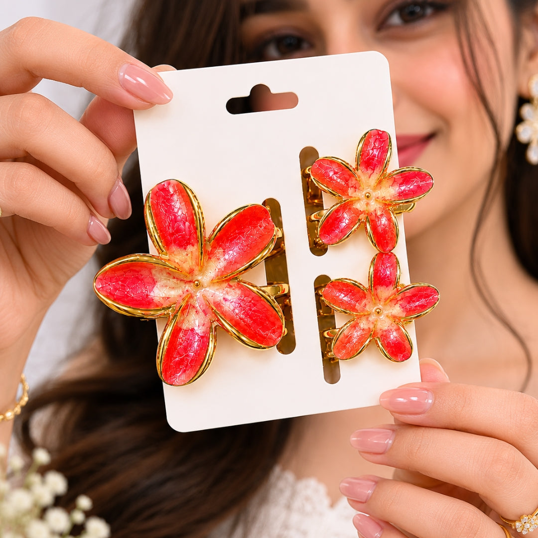 Red Flower Hair Clips Set – Elegant Gold-Tone Floral Enamel Hair (one piece )