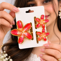 Red Flower Hair Clips Set – Elegant Gold-Tone Floral Enamel Hair (one piece )