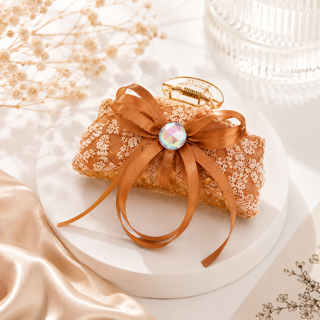 Champagne Lace Bow Hair Claw Clip – Elegant Ribbon Hair Accessory Random Color