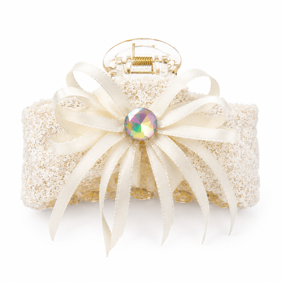 White Lace Bow Hair Claw Clip – Elegant Floral Lace Hair Accessory Random Color