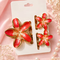 Red Flower Hair Clips Set – Elegant Gold-Tone Floral Enamel Hair (one piece )