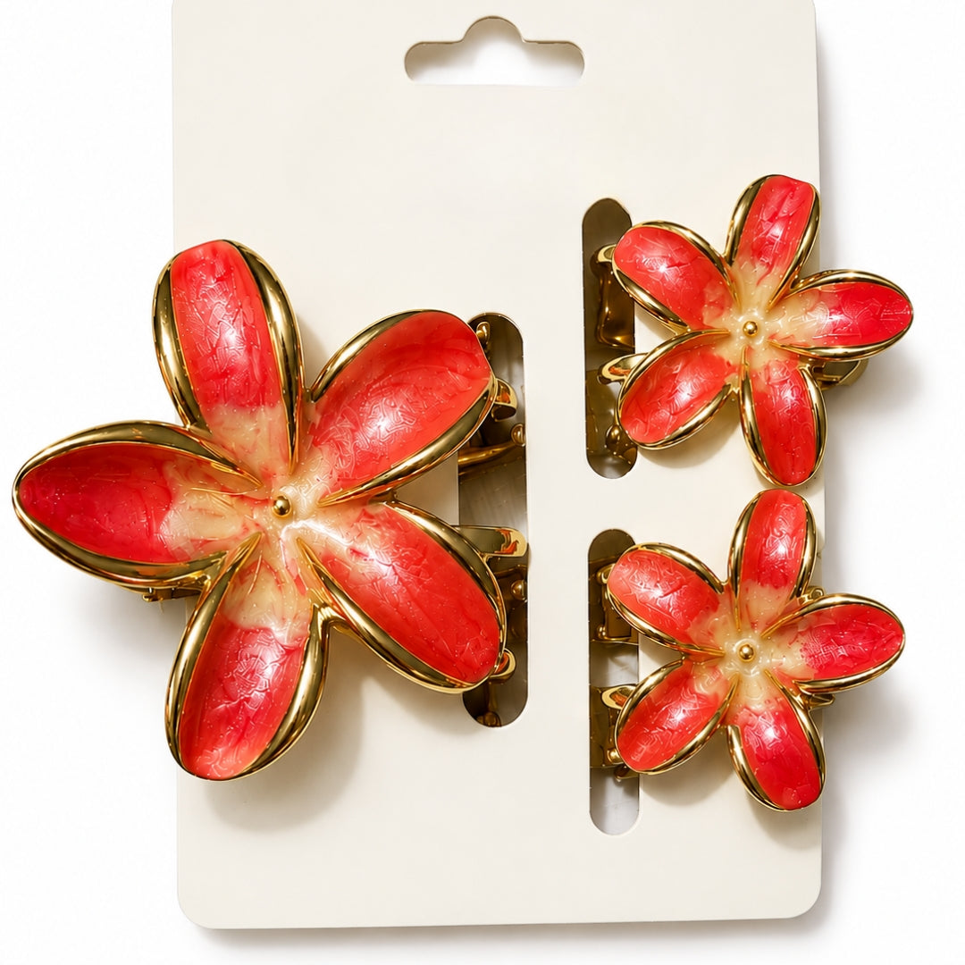 Red Flower Hair Clips Set – Elegant Gold-Tone Floral Enamel Hair (one piece )