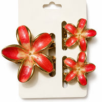 Red Flower Hair Clips Set – Elegant Gold-Tone Floral Enamel Hair (one piece )