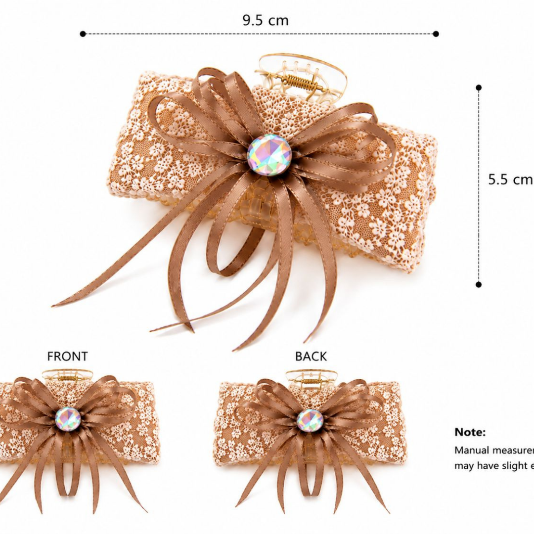 Champagne Lace Bow Hair Claw Clip – Elegant Ribbon Hair Accessory Random Color (one Piece )