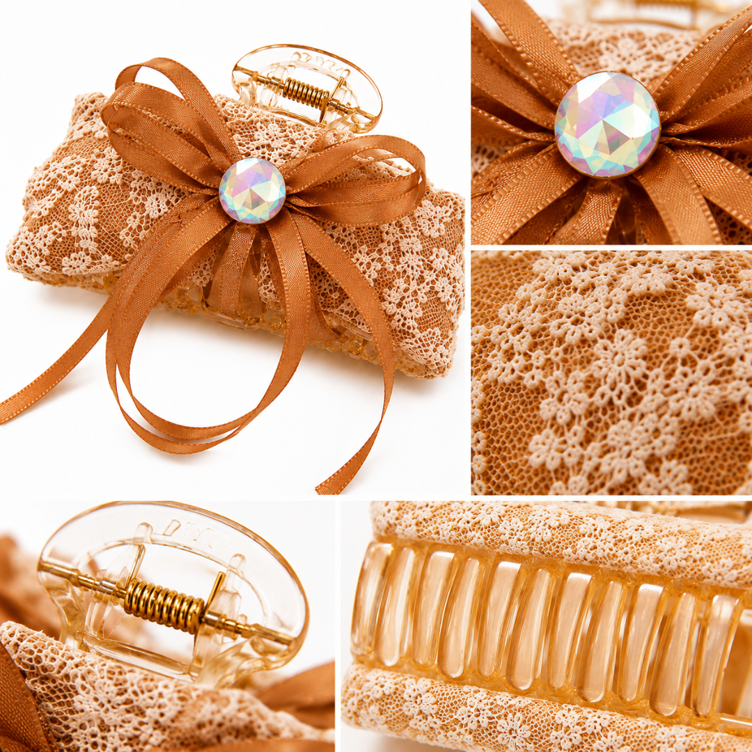 Champagne Lace Bow Hair Claw Clip – Elegant Ribbon Hair Accessory Random Color