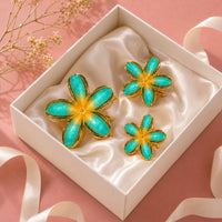 Turquoise Flower Hair Clips Set – Elegant Gold-Tone Floral Enamel Hair Random Color (one Piece )