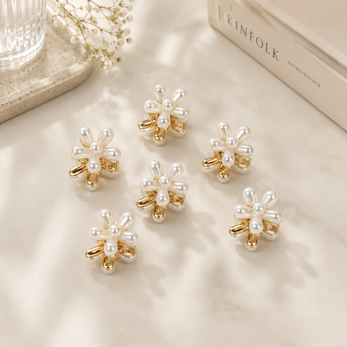 Luminous Pearl & Gold Floral Mini Hair Clip Set Random Color (one Piece )