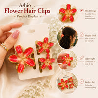 Red Flower Hair Clips Set – Elegant Gold-Tone Floral Enamel Hair (one piece )