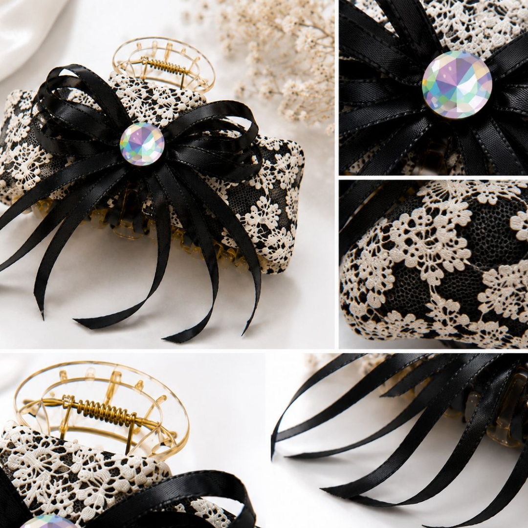 Black Lace Bow Hair Claw Clip – Elegant Ribbon Hair Accessory Random Color (one Piece )