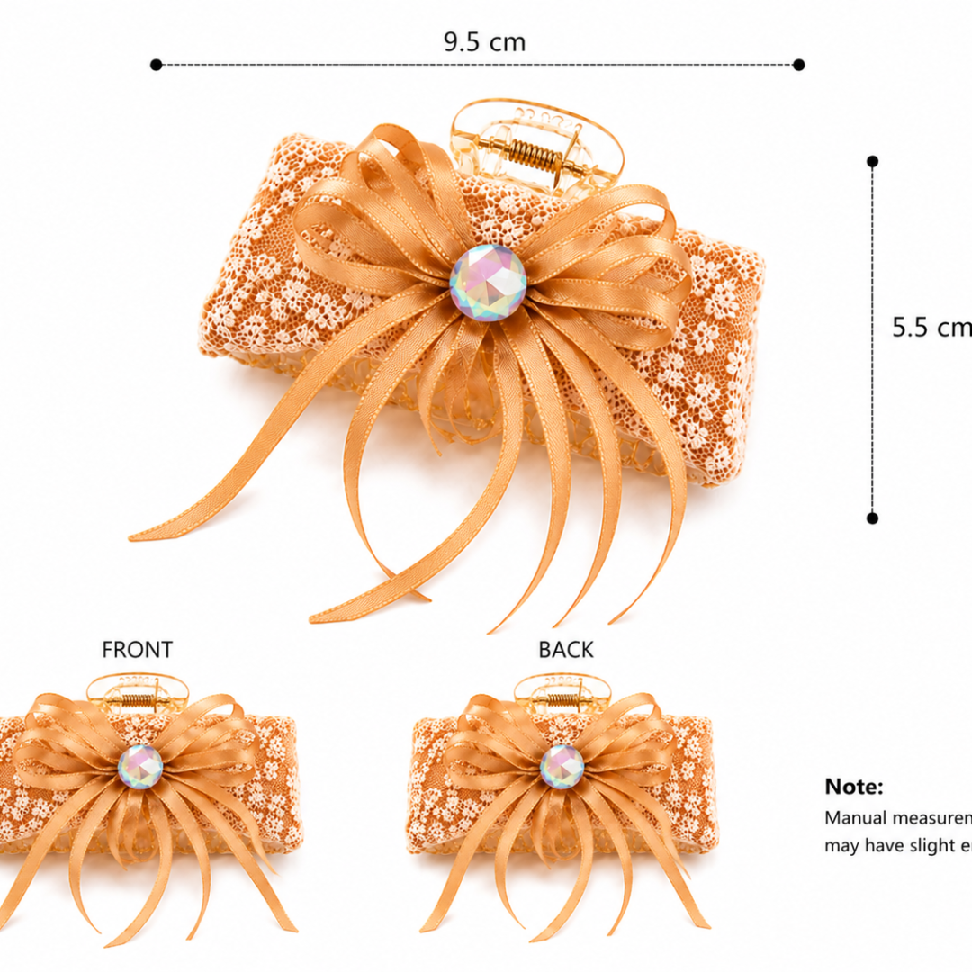 Champagne Lace Bow Hair Claw Clip – Elegant Ribbon Hair Accessory Random Color