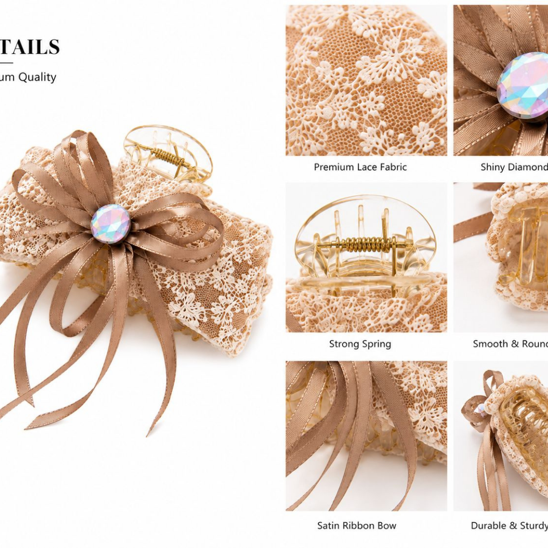 Champagne Lace Bow Hair Claw Clip – Elegant Ribbon Hair Accessory Random Color (one Piece )