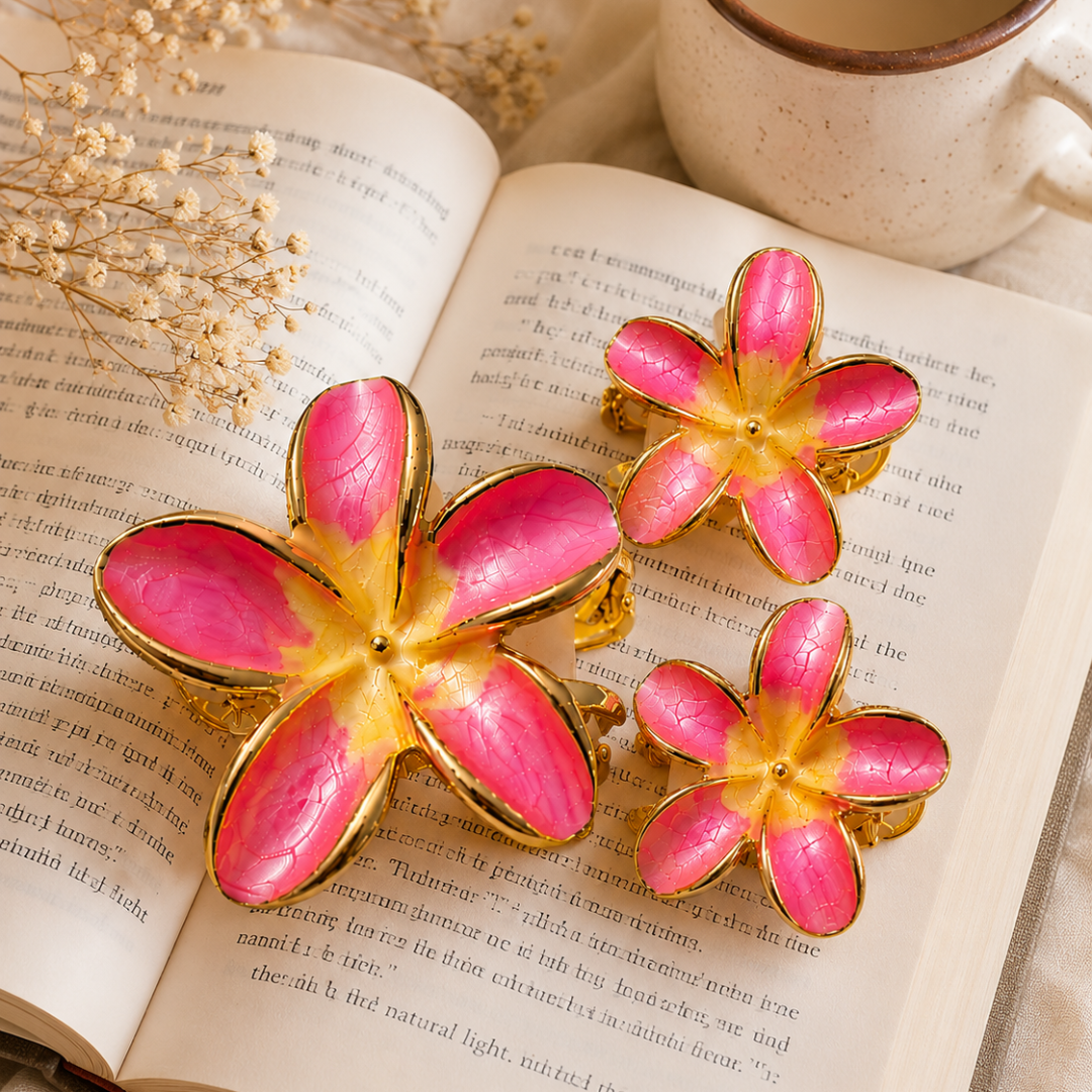 Pink Enamel Flower Hair Clips – Elegant Gold Floral Hair Accessories Random Color (one piece )