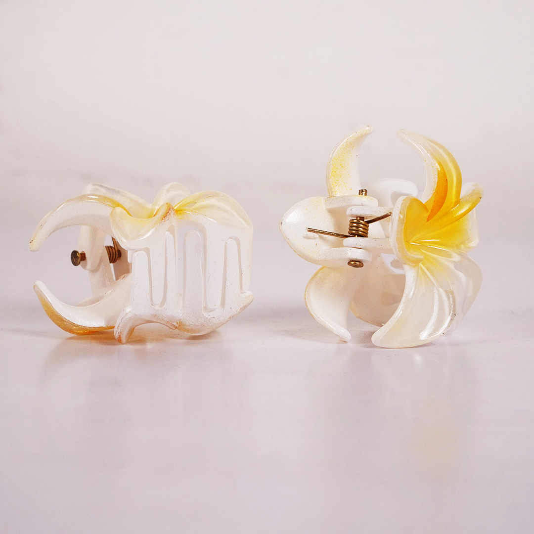 Plumeria Flower Hair Claw Clip for Women | Tropical Floral Hair Accessory (Yellow & White)