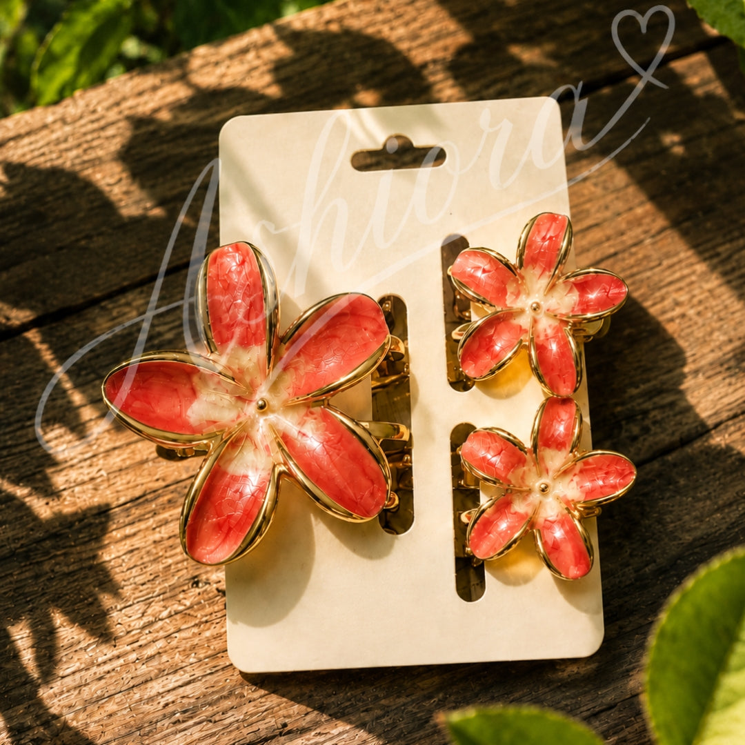 Red Flower Hair Clips Set – Elegant Gold-Tone Floral Enamel Hair (one piece )
