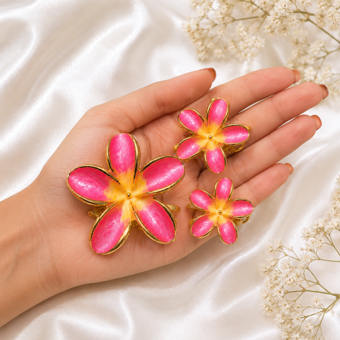 Pink Enamel Flower Hair Clips – Elegant Gold Floral Hair Accessories Random Color (one piece )