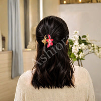 Red Flower Hair Clips Set – Elegant Gold-Tone Floral Enamel Hair (one piece )