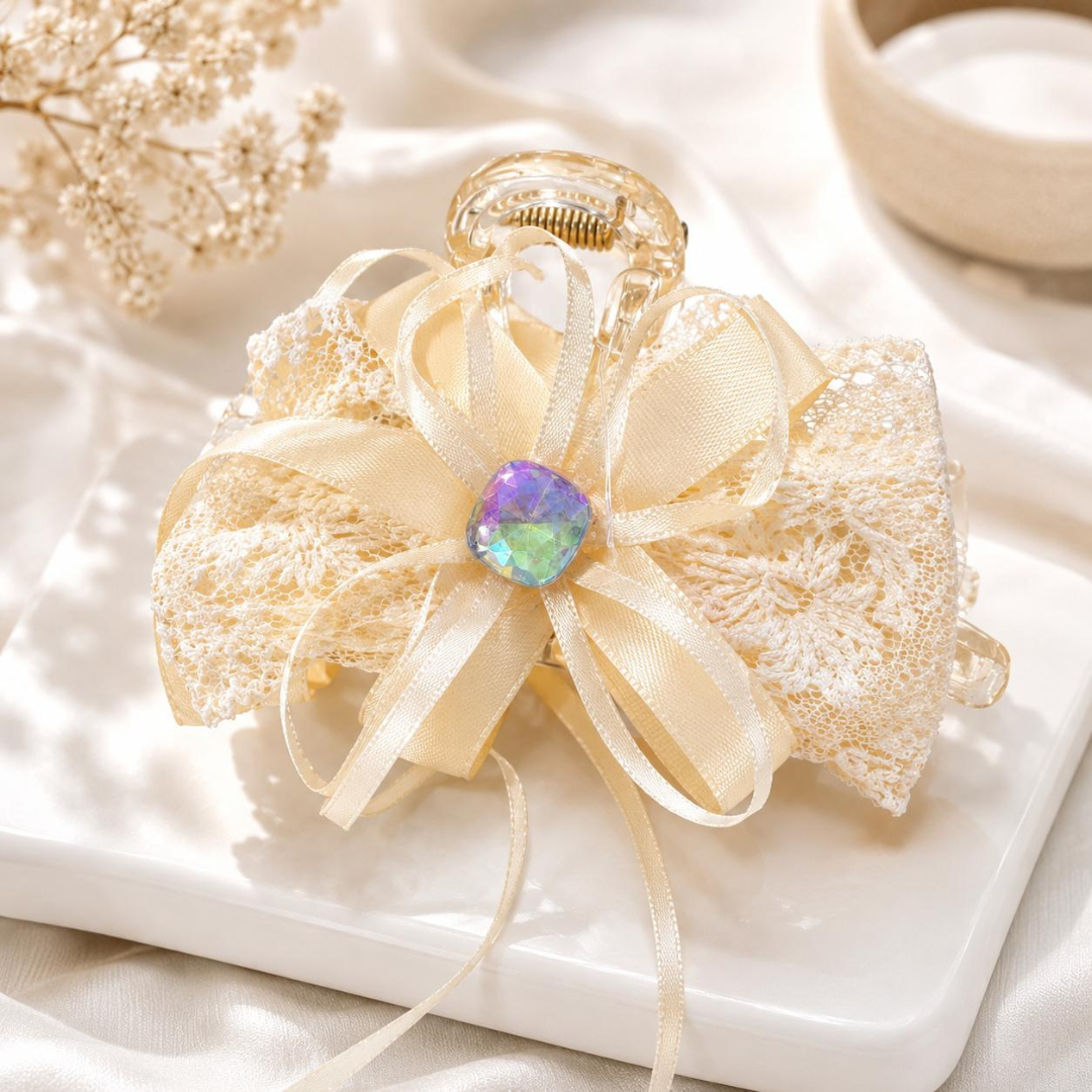 White Lace Bow Hair Claw Clip – Elegant Floral Lace Hair Accessory Random Color