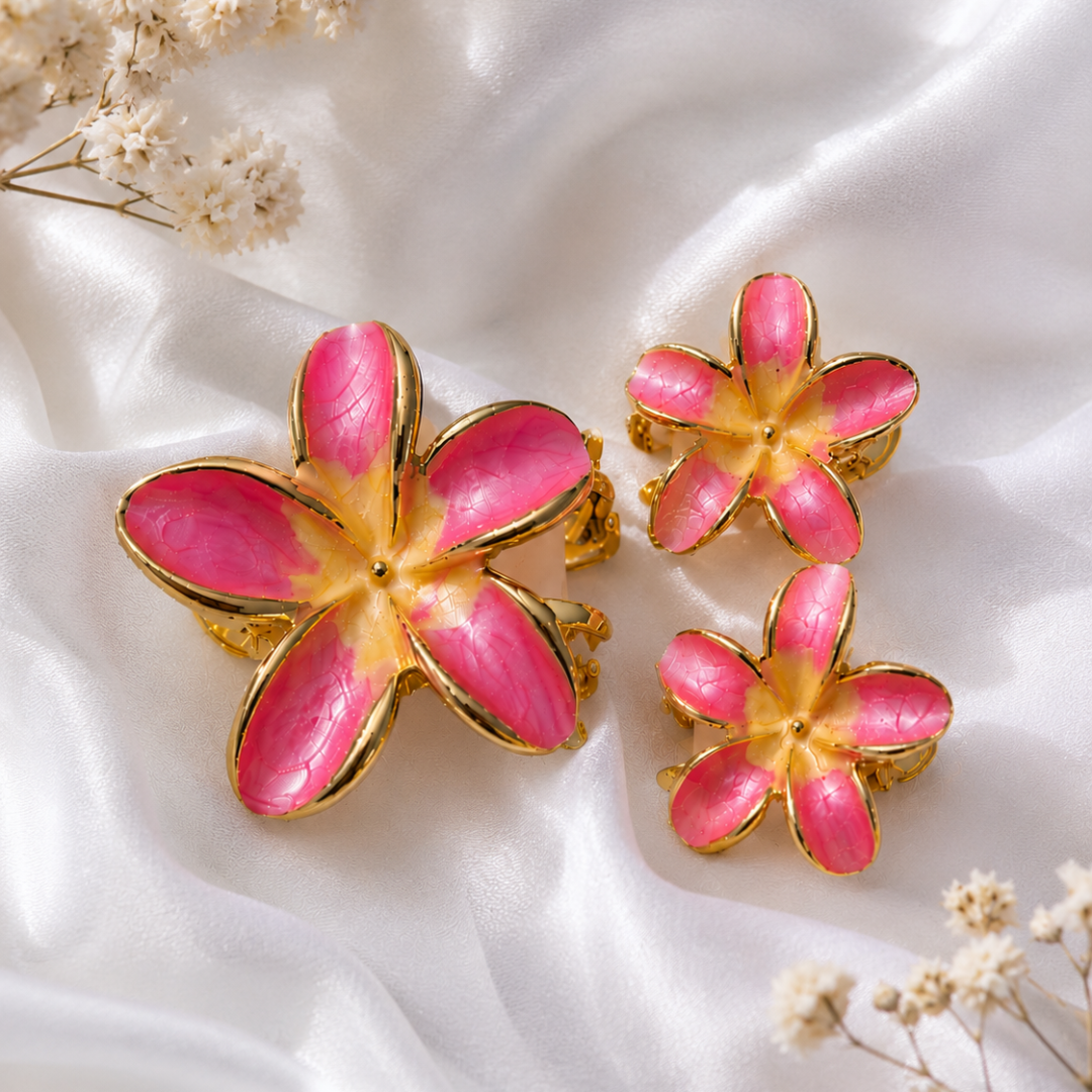 Pink Enamel Flower Hair Clips – Elegant Gold Floral Hair Accessories Random Color (one piece )