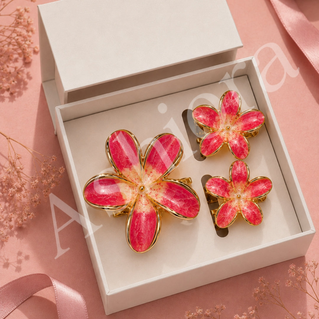 Red Flower Hair Clips Set – Elegant Gold-Tone Floral Enamel Hair (one piece )