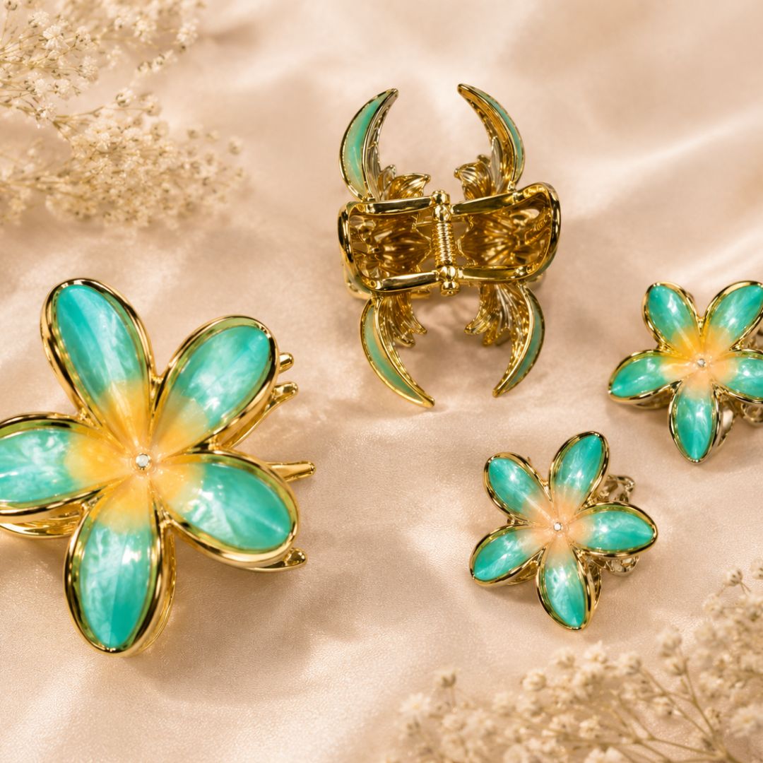Turquoise Flower Hair Clips Set – Elegant Gold-Tone Floral Enamel Hair Random Color (one Piece )