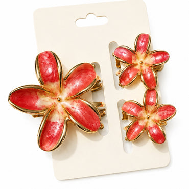 Red Flower Hair Clips Set – Elegant Gold-Tone Floral Enamel Hair (one piece )