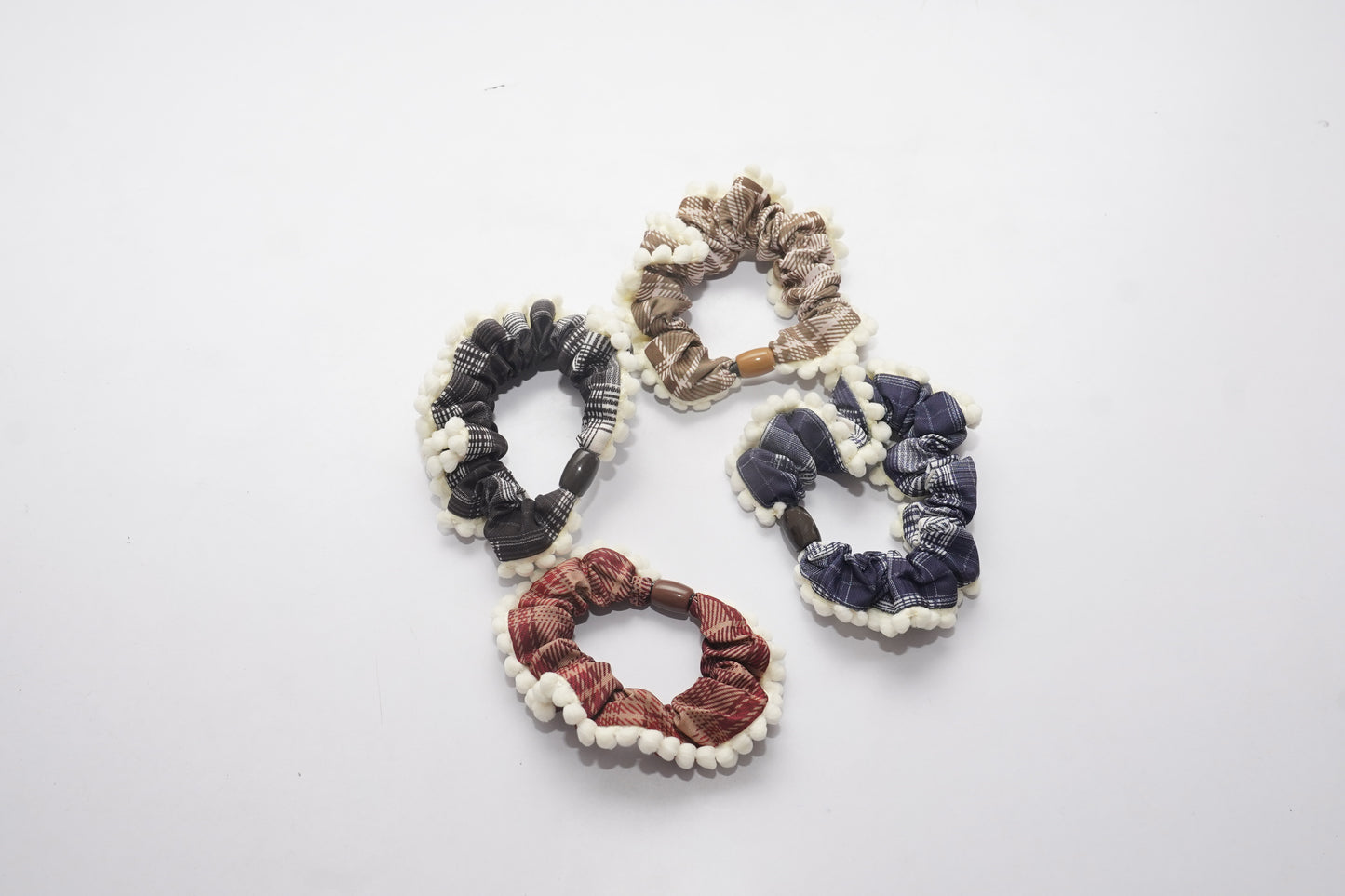 Vintage Plaid Pom Pom Hair Scrunchies for Women & Girls | Soft Elastic.