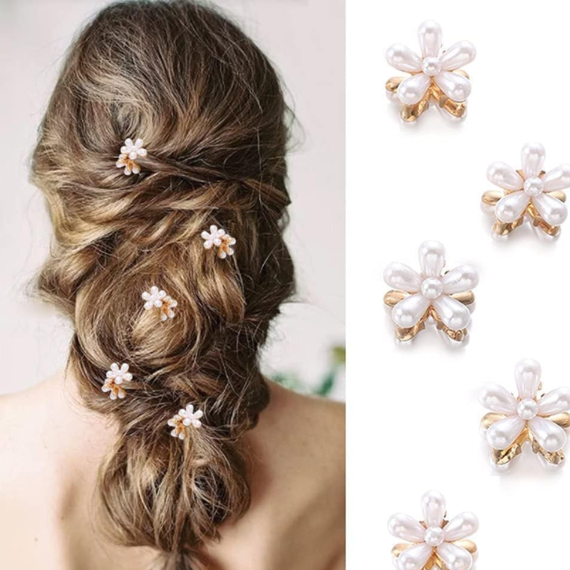 Luminous Pearl & Gold Floral Mini Hair Clip Set Random Color (one Piece )