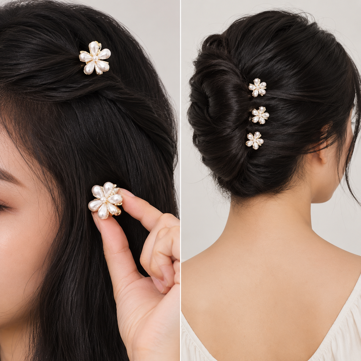 Luminous Pearl & Gold Floral Mini Hair Clip Set Random Color (one Piece )
